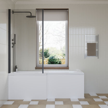 [BBZSS016] L Shape 1700x850 Shower Bath Set - Front Panel & Black Fixed Return Screen, Left Hand - Lifestyle 1