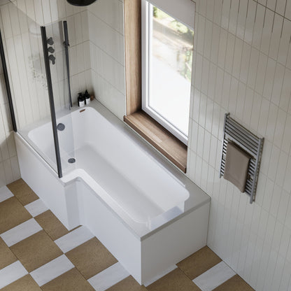 [BBZSS016] L Shape 1700x850 Shower Bath Set - Front Panel & Black Fixed Return Screen, Left Hand - Lifestyle 2