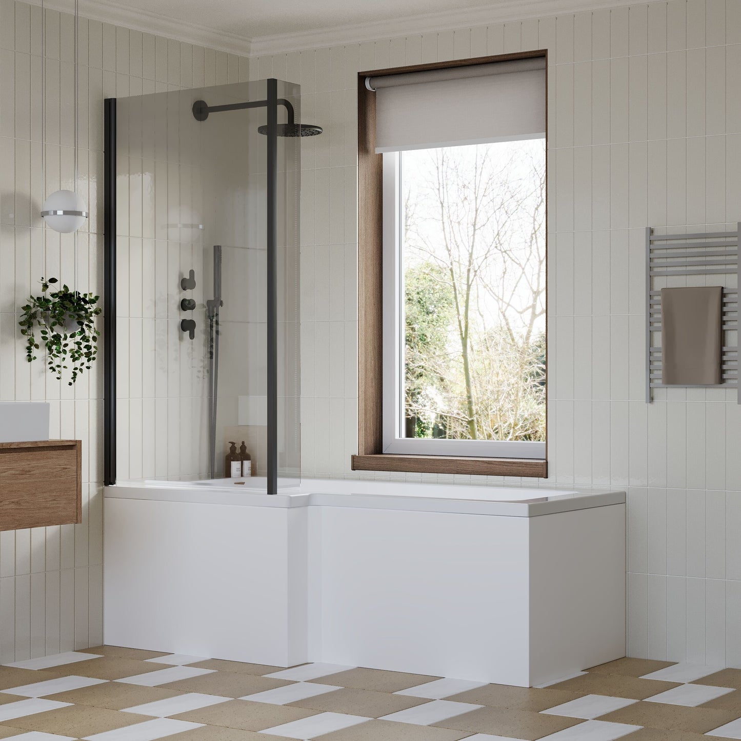 [BBZSS016] L Shape 1700x850 Shower Bath Set - Front Panel & Black Fixed Return Screen, Left Hand - Lifestyle 3
