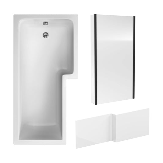 [BBZSS017] L Shape 1700x850 Shower Bath Set - Front Panel & Black Fixed Return Screen, Right Hand - Cutout