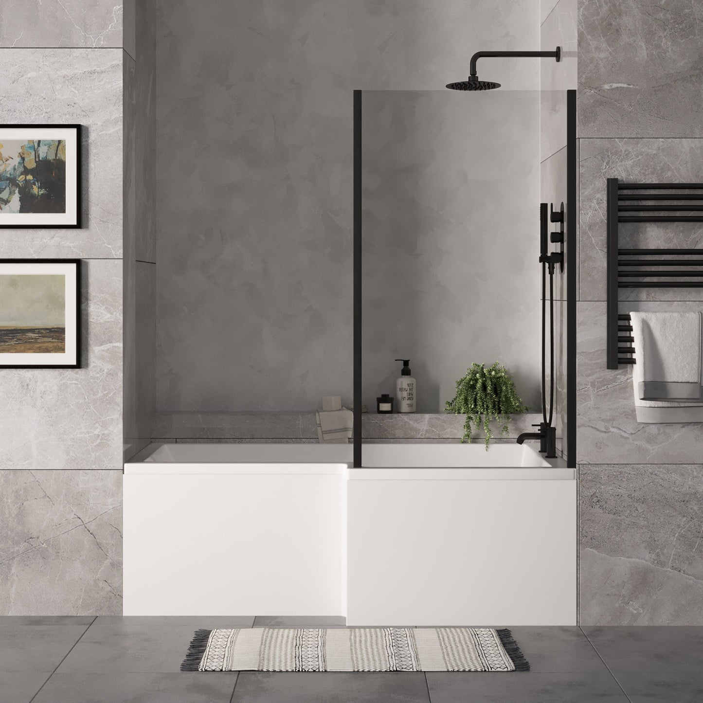 [BBZSS017] L Shape 1700x850 Shower Bath Set - Front Panel & Black Fixed Return Screen, Right Hand - Lifestyle 1