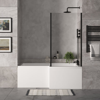 [BBZSS017] L Shape 1700x850 Shower Bath Set - Front Panel & Black Fixed Return Screen, Right Hand - Lifestyle 1