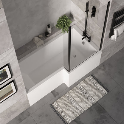 [BBZSS017] L Shape 1700x850 Shower Bath Set - Front Panel & Black Fixed Return Screen, Right Hand - Lifestyle 2