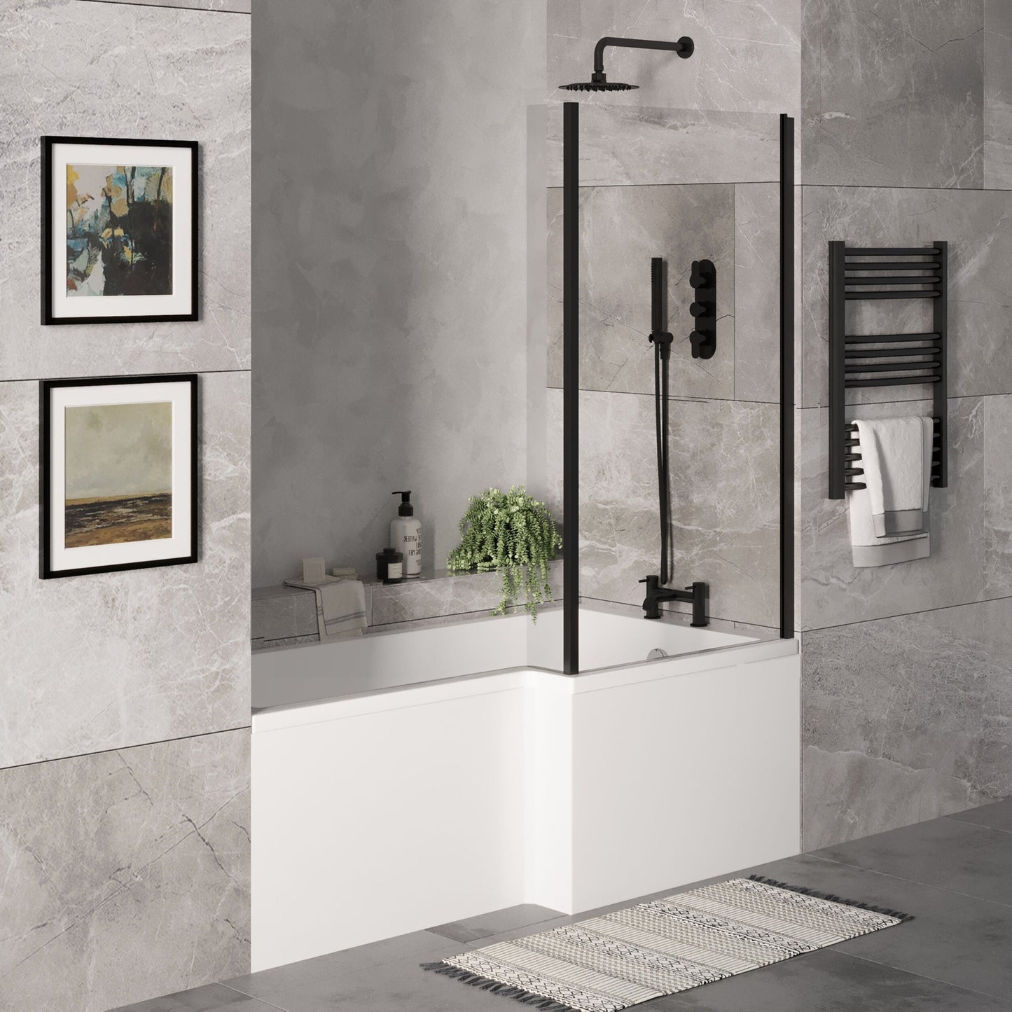 [BBZSS017] L Shape 1700x850 Shower Bath Set - Front Panel & Black Fixed Return Screen, Right Hand - Lifestyle 3