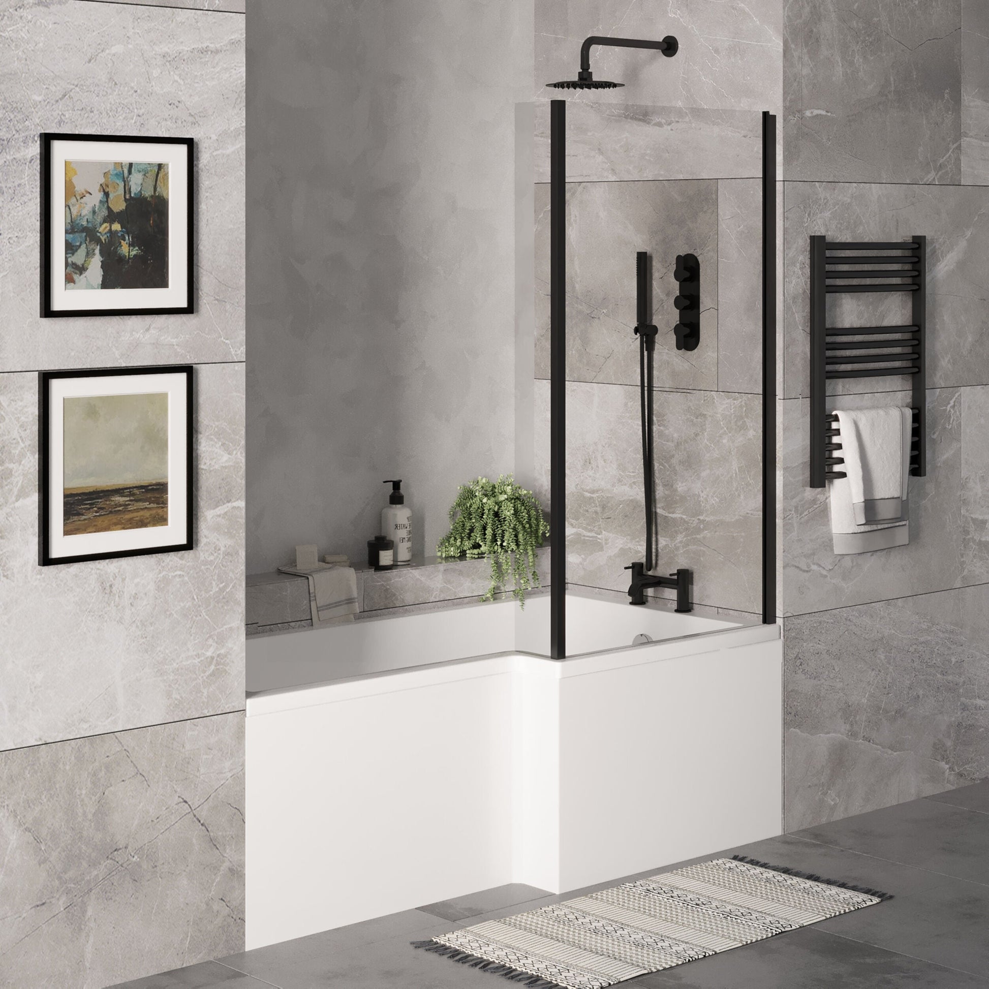 [BBZSS017] L Shape 1700x850 Shower Bath Set - Front Panel & Black Fixed Return Screen, Right Hand - Lifestyle 3