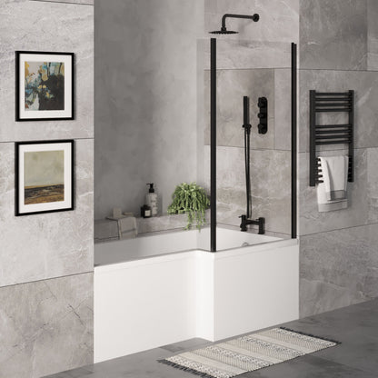 [BBZSS017] L Shape 1700x850 Shower Bath Set - Front Panel & Black Fixed Return Screen, Right Hand - Lifestyle 3