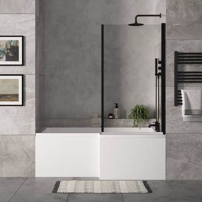 [BBZSS018] L Shape 1700x850 Shower Bath Set - Front Panel & Black Fixed Return Screen, Right Hand - Lifestyle 1