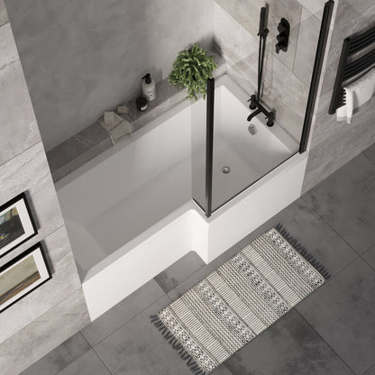 [BBZSS018] L Shape 1700x850 Shower Bath Set - Front Panel & Black Fixed Return Screen, Right Hand - Lifestyle 2