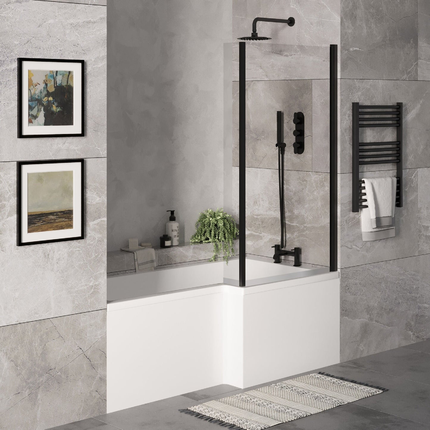 [BBZSS018] L Shape 1700x850 Shower Bath Set - Front Panel & Black Fixed Return Screen, Right Hand - Lifestyle 3