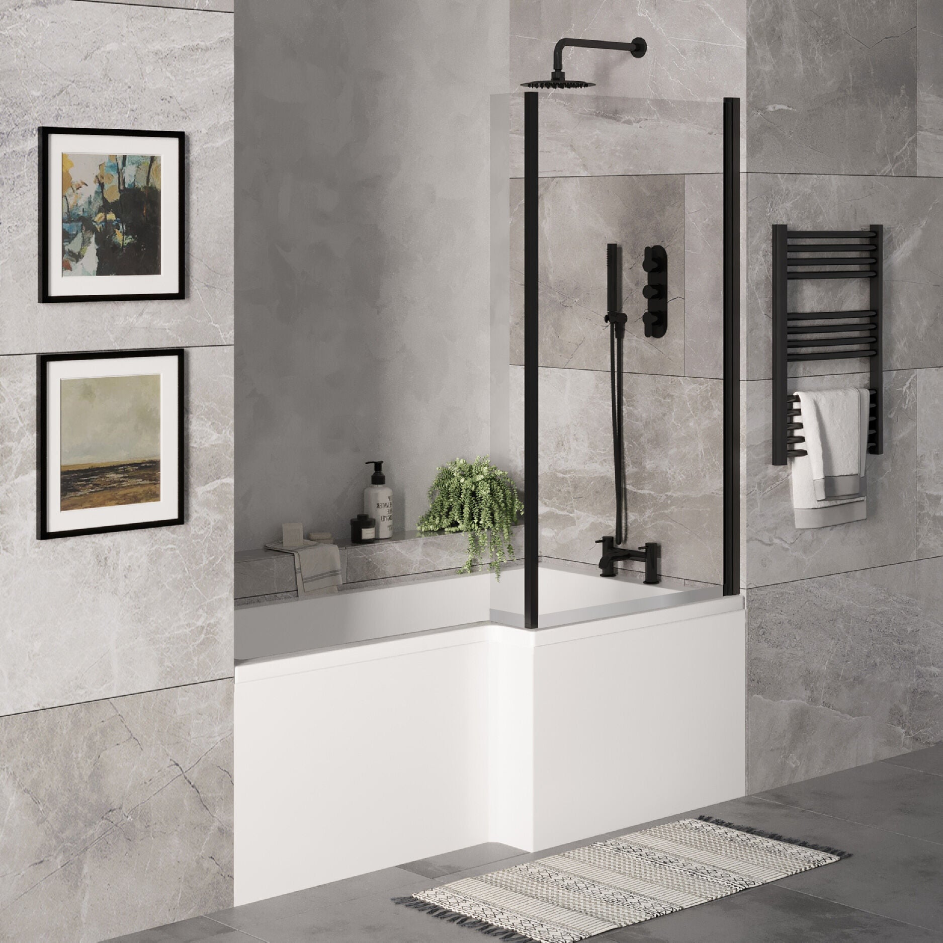 [BBZSS018] L Shape 1700x850 Shower Bath Set - Front Panel & Black Fixed Return Screen, Right Hand - Lifestyle 3