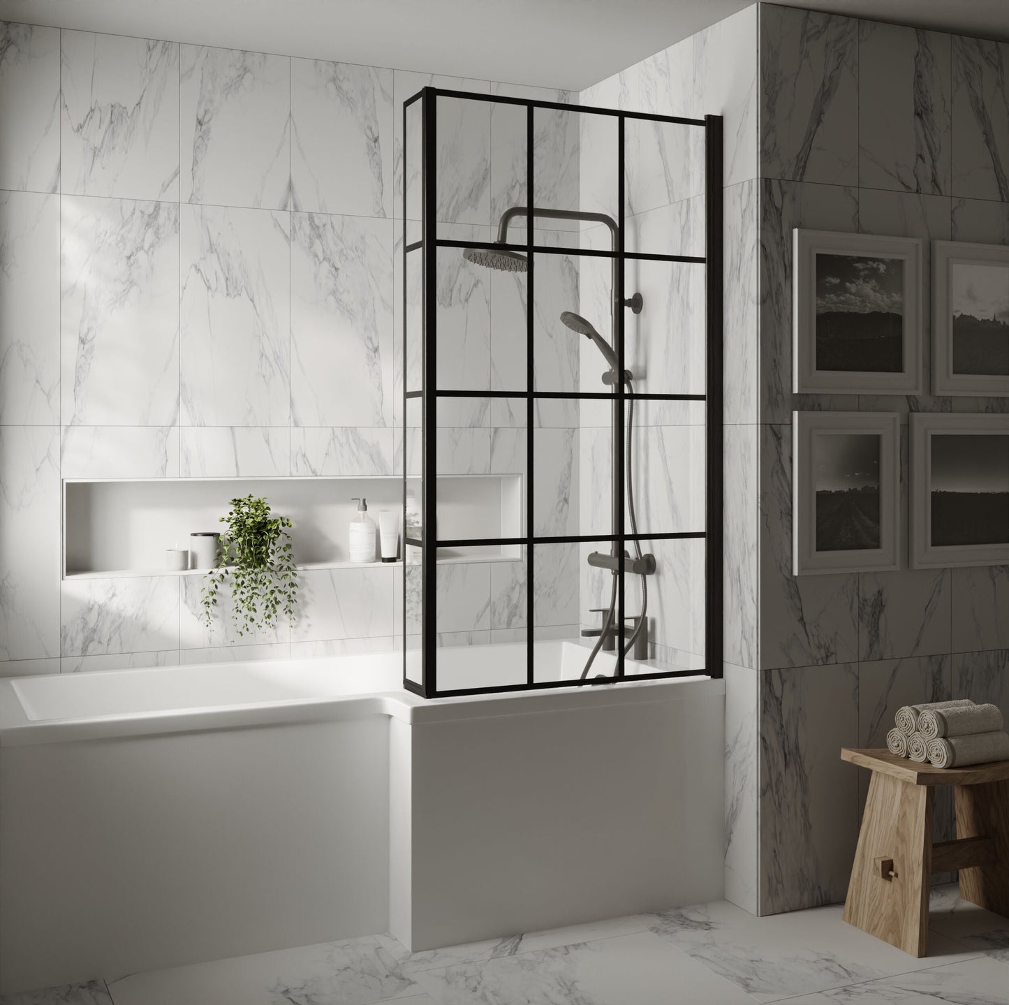 [BBZSS019] L Shape 1700x850 Shower Bath Set - Front Panel & Black Grid Fixed Return Screen, Left Hand - Lifestyle 1