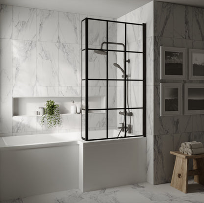 [BBZSS019] L Shape 1700x850 Shower Bath Set - Front Panel & Black Grid Fixed Return Screen, Left Hand - Lifestyle 1