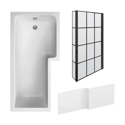 [BBZSS020] L Shape 1700x850 Shower Bath Set - Front Panel & Black Grid Fixed Return Screen, Right Hand - Cutout