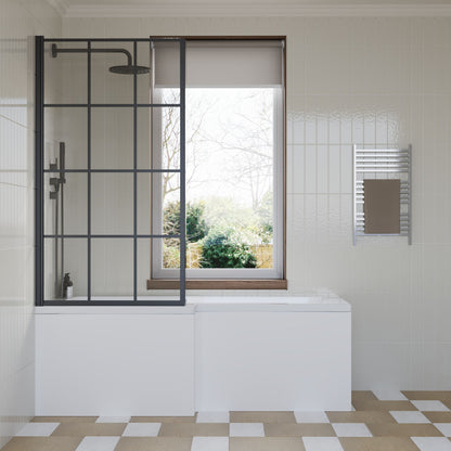 [BBZSS020] L Shape 1700x850 Shower Bath Set - Front Panel & Black Grid Fixed Return Screen, Right Hand - Lifestyle 1