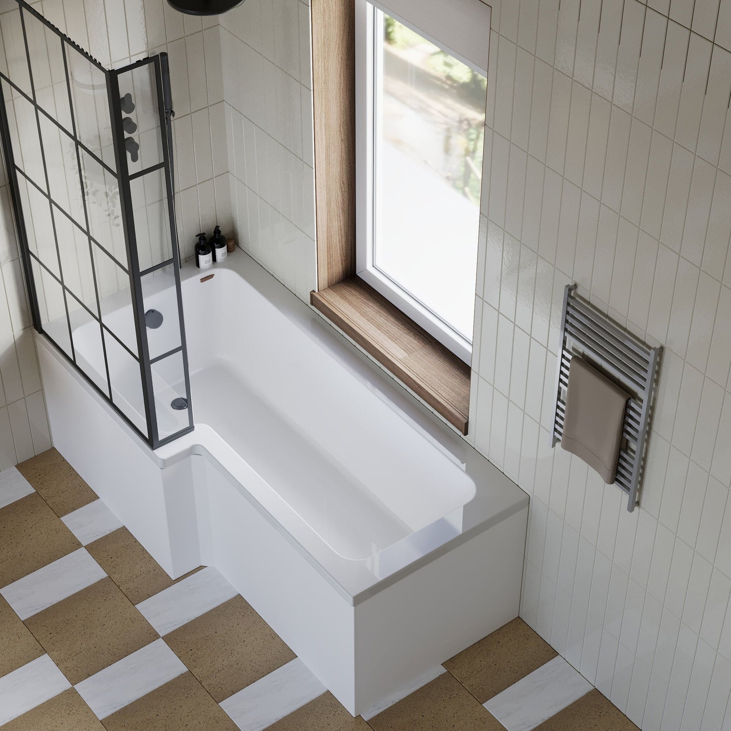 [BBZSS020] L Shape 1700x850 Shower Bath Set - Front Panel & Black Grid Fixed Return Screen, Right Hand - Lifestyle 2