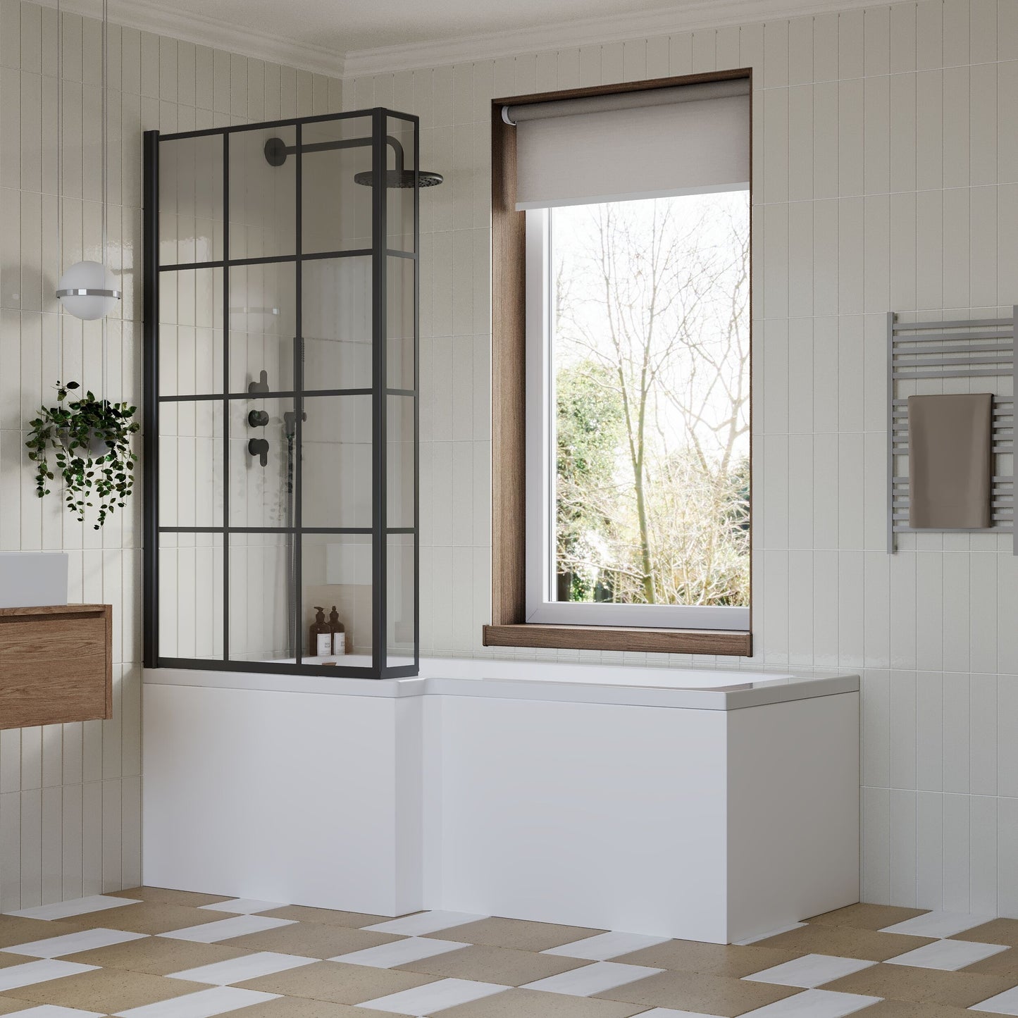 [BBZSS020] L Shape 1700x850 Shower Bath Set - Front Panel & Black Grid Fixed Return Screen, Right Hand - Lifestyle 3