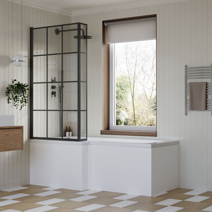 [BBZSS020] L Shape 1700x850 Shower Bath Set - Front Panel & Black Grid Fixed Return Screen, Right Hand - Lifestyle 3