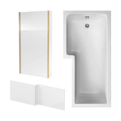 [BBZSS021] L Shape 1700x850 Shower Bath Set - Front Panel & Brushed Brass Fixed Return Screen, Left Hand - Cutout