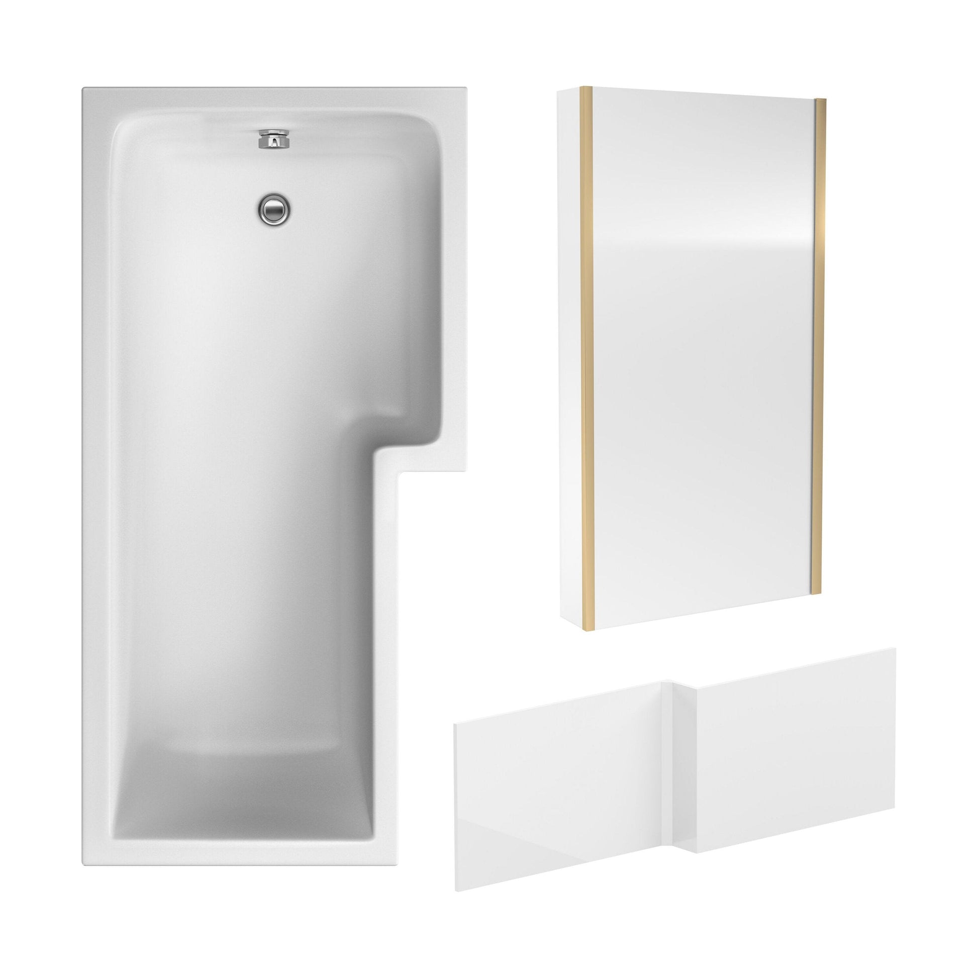 [BBZSS022] L Shape 1700x850 Shower Bath Set - Front Panel & Brushed Brass Fixed Return Screen, Right Hand - Cutout