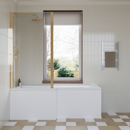 [BBZSS022] L Shape 1700x850 Shower Bath Set - Front Panel & Brushed Brass Fixed Return Screen, Right Hand - Lifestyle 1