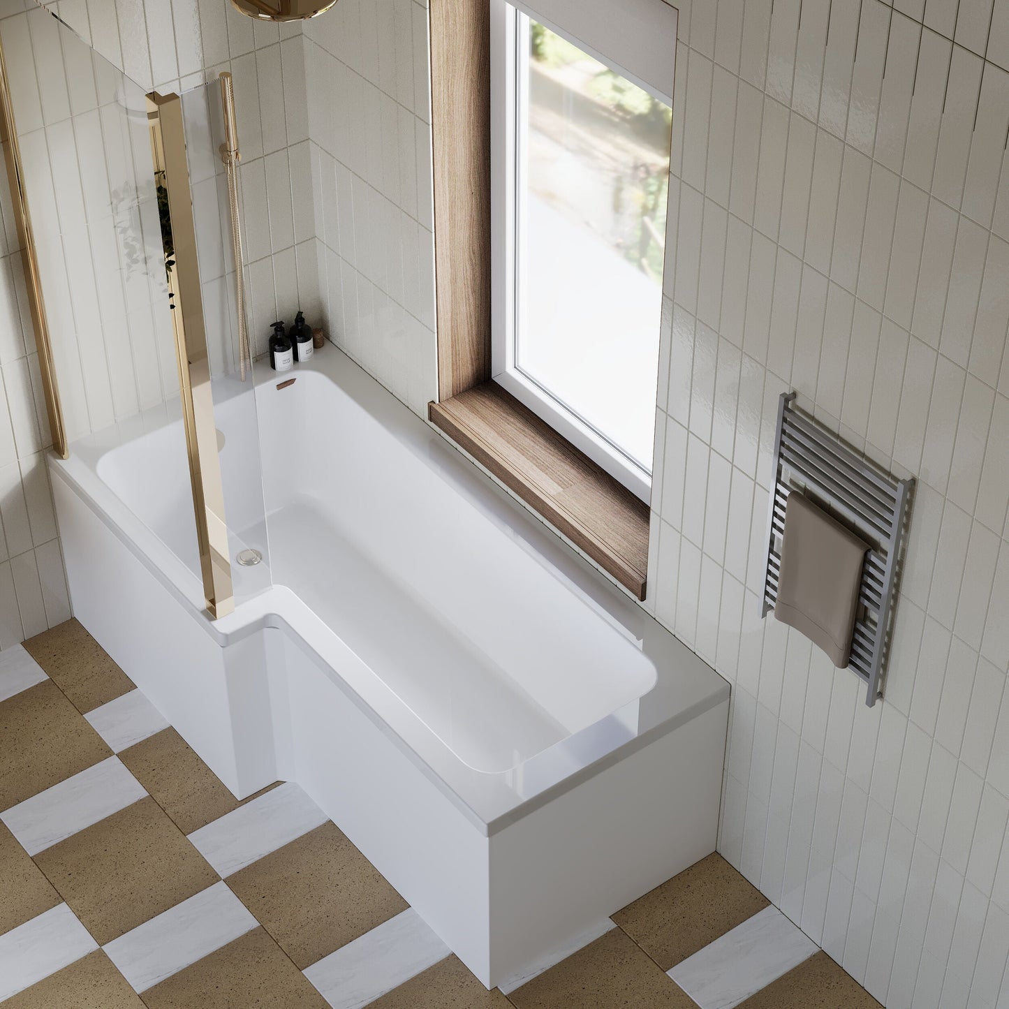 [BBZSS022] L Shape 1700x850 Shower Bath Set - Front Panel & Brushed Brass Fixed Return Screen, Right Hand - Lifestyle 2