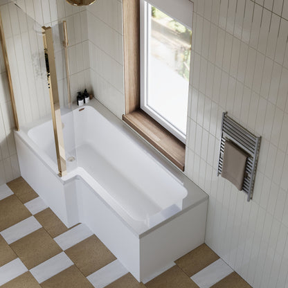 [BBZSS022] L Shape 1700x850 Shower Bath Set - Front Panel & Brushed Brass Fixed Return Screen, Right Hand - Lifestyle 2