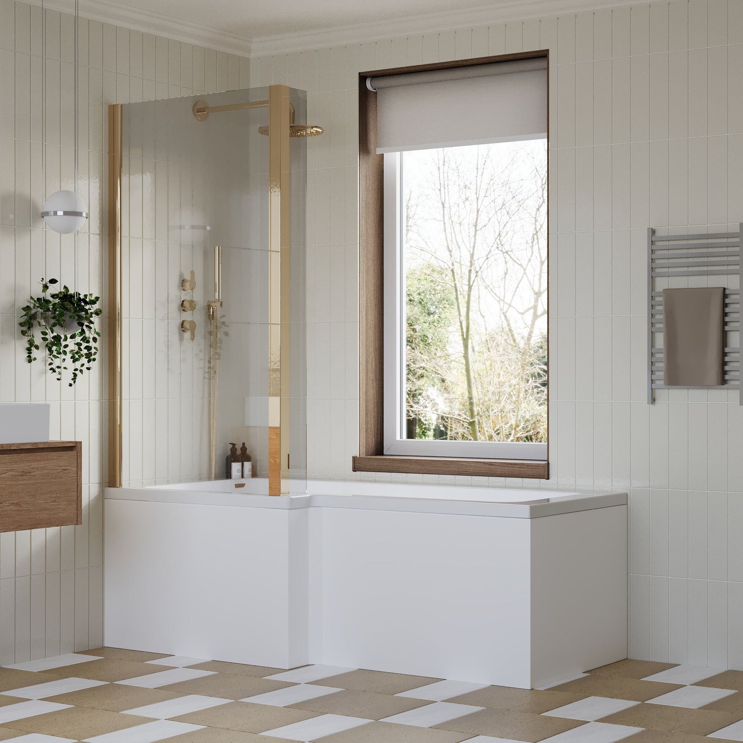[BBZSS022] L Shape 1700x850 Shower Bath Set - Front Panel & Brushed Brass Fixed Return Screen, Right Hand - Lifestyle 3