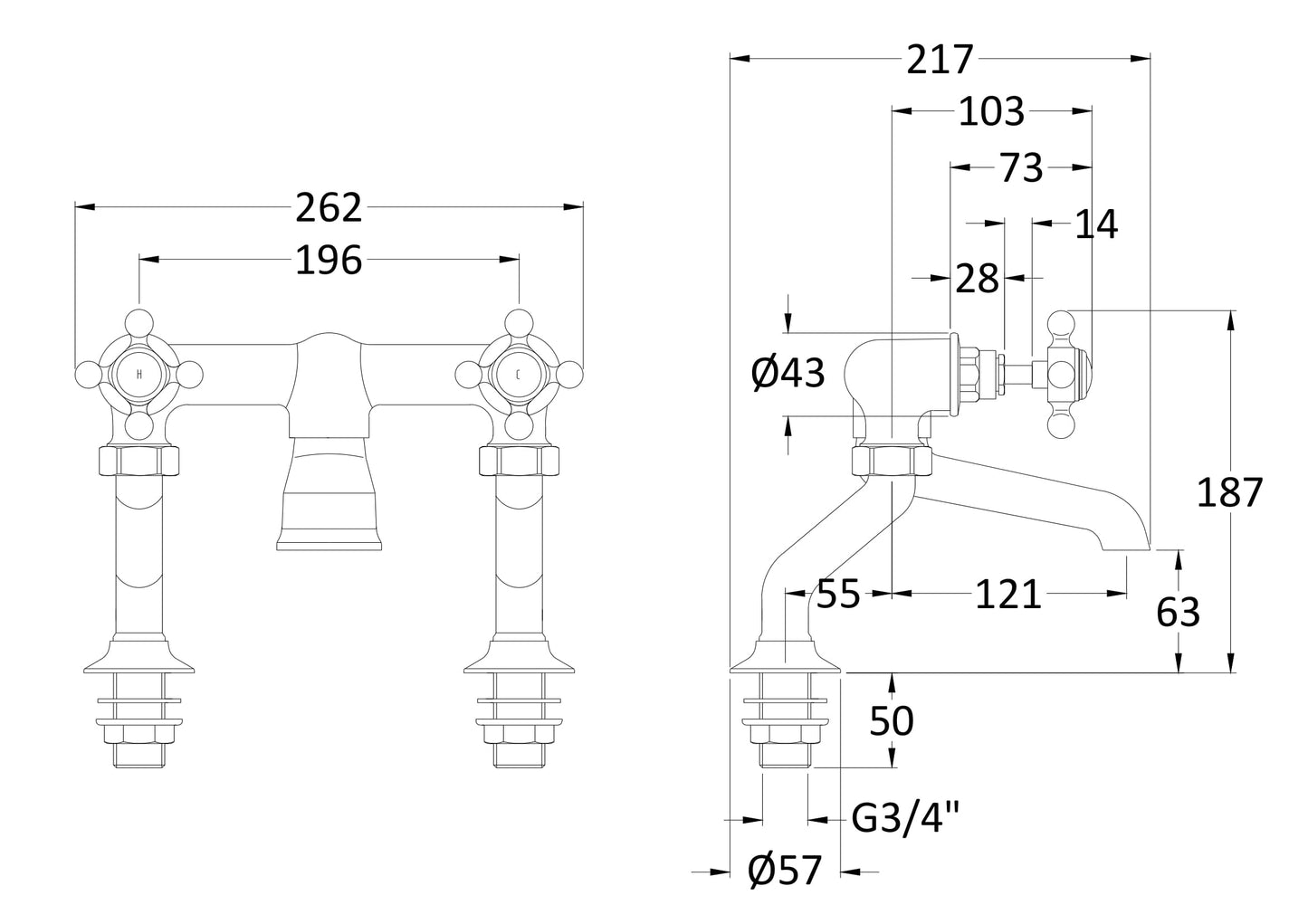White Topaz With Crosshead Handle Deck Mounted Bath Filler