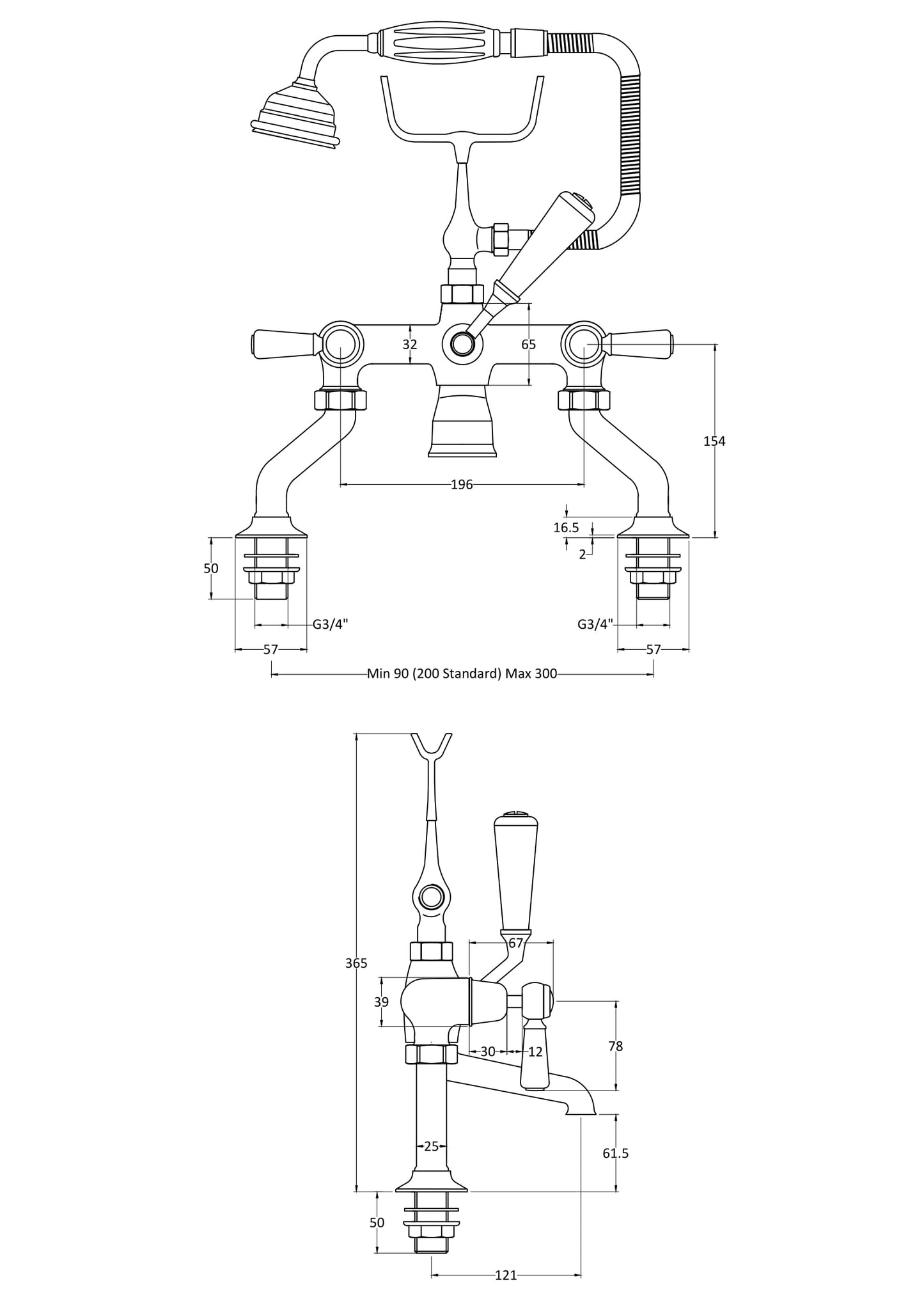 White Topaz With Lever Handle Deck Mounted Bath Shower Mixer