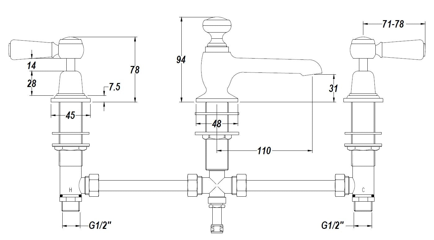 White Topaz With Lever Handle 3 Tap Hole Basin Mixer