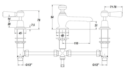 White Topaz With Lever Handle 3 Tap Hole Basin Mixer