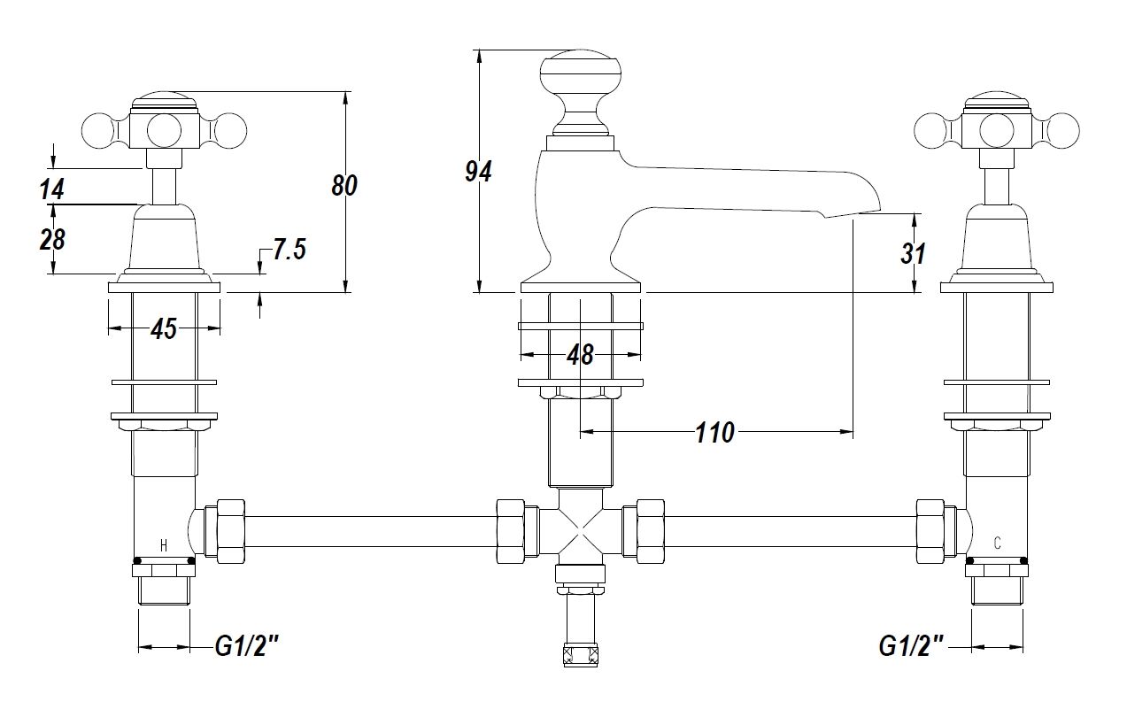 White Topaz With Crosshead Handle 3 Tap Hole Basin Mixer