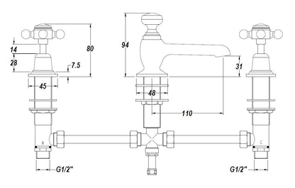 White Topaz With Crosshead Handle 3 Tap Hole Basin Mixer