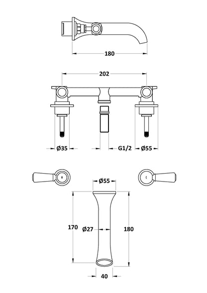 White Topaz With Lever Handle 3 Tap Hole Wall Mounted Basin Mixer