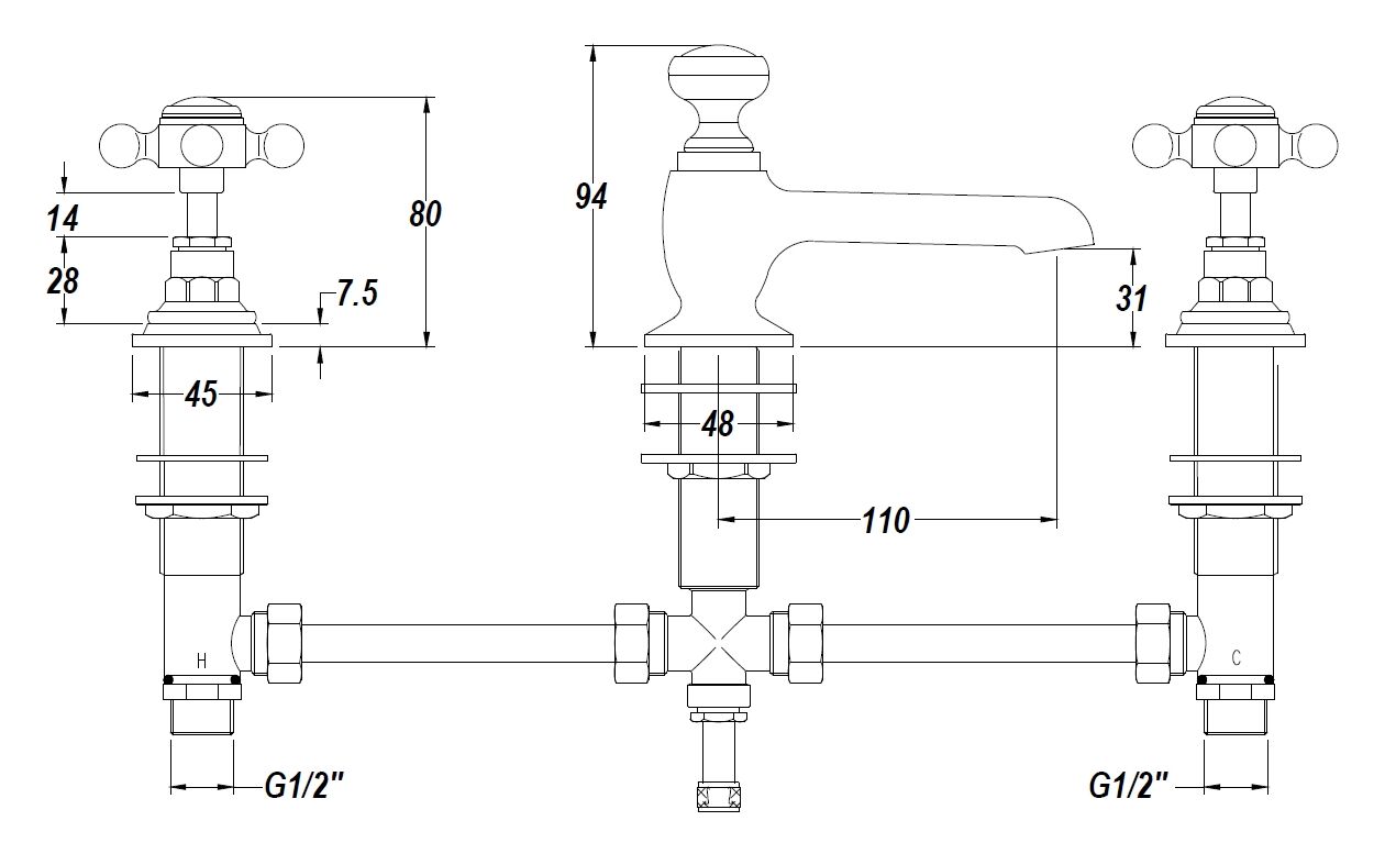 Brass Topaz With Crosshead Handle 3 Tap Hole Basin Mixer
