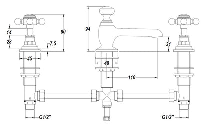 Brass Topaz With Crosshead Handle 3 Tap Hole Basin Mixer