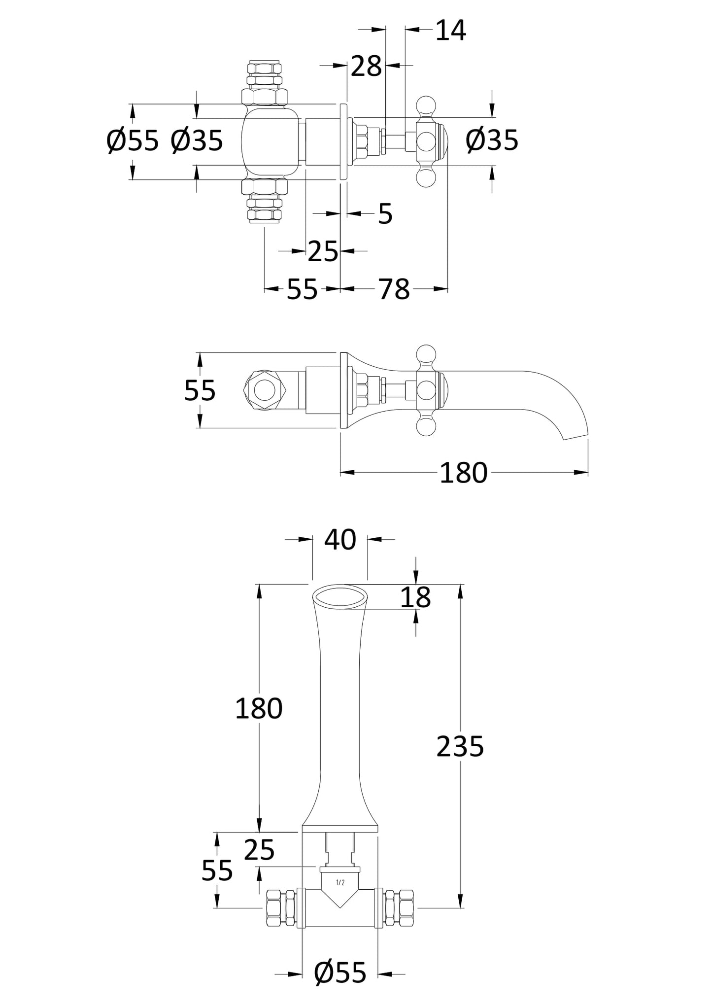 Brass Topaz With Crosshead Handle 3 Tap Hole Wall Mounted Basin Mixer
