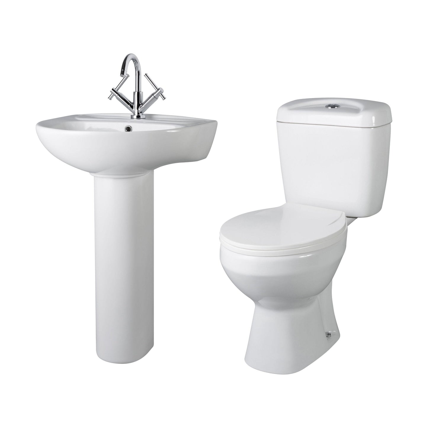[BCAD001] Anslow Round Ceramic Bathroom Bundle - Toilet Pan with Cistern, Soft-Close Seat & 550mm Basin with Full Pedestal (1TH or 2TH) - Cutout