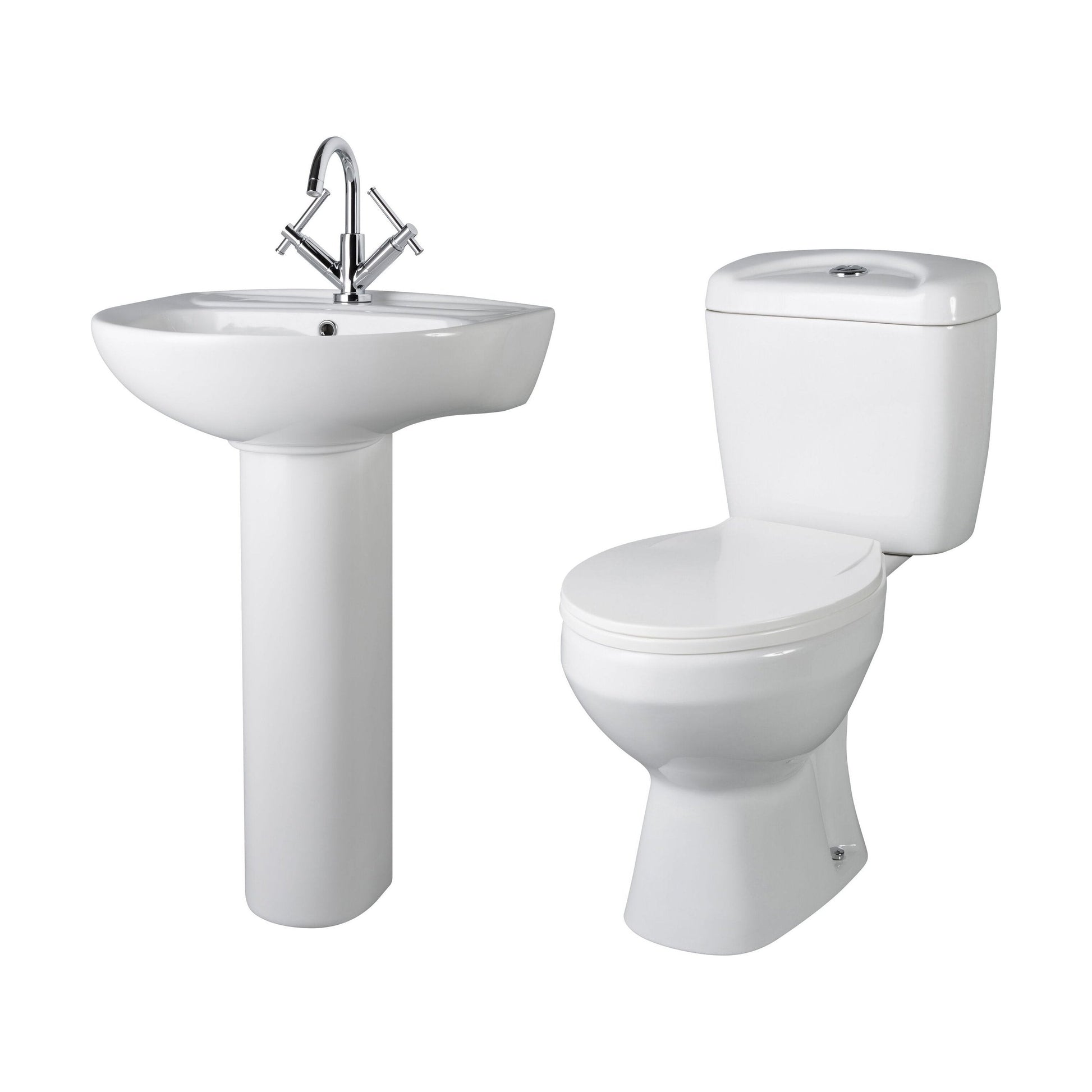 [BCAD001] Anslow Round Ceramic Bathroom Bundle - Toilet Pan with Cistern, Soft-Close Seat & 550mm Basin with Full Pedestal (1TH or 2TH) - Cutout