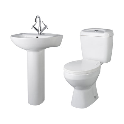 [BCAD001] Anslow Round Ceramic Bathroom Bundle - Toilet Pan with Cistern, Soft-Close Seat & 550mm Basin with Full Pedestal (1TH or 2TH) - Cutout