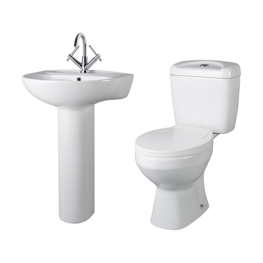 [BCAD001] Anslow Round Ceramic Bathroom Bundle - Toilet Pan with Cistern, Soft-Close Seat & 550mm Basin with Full Pedestal (1TH or 2TH) - Cutout