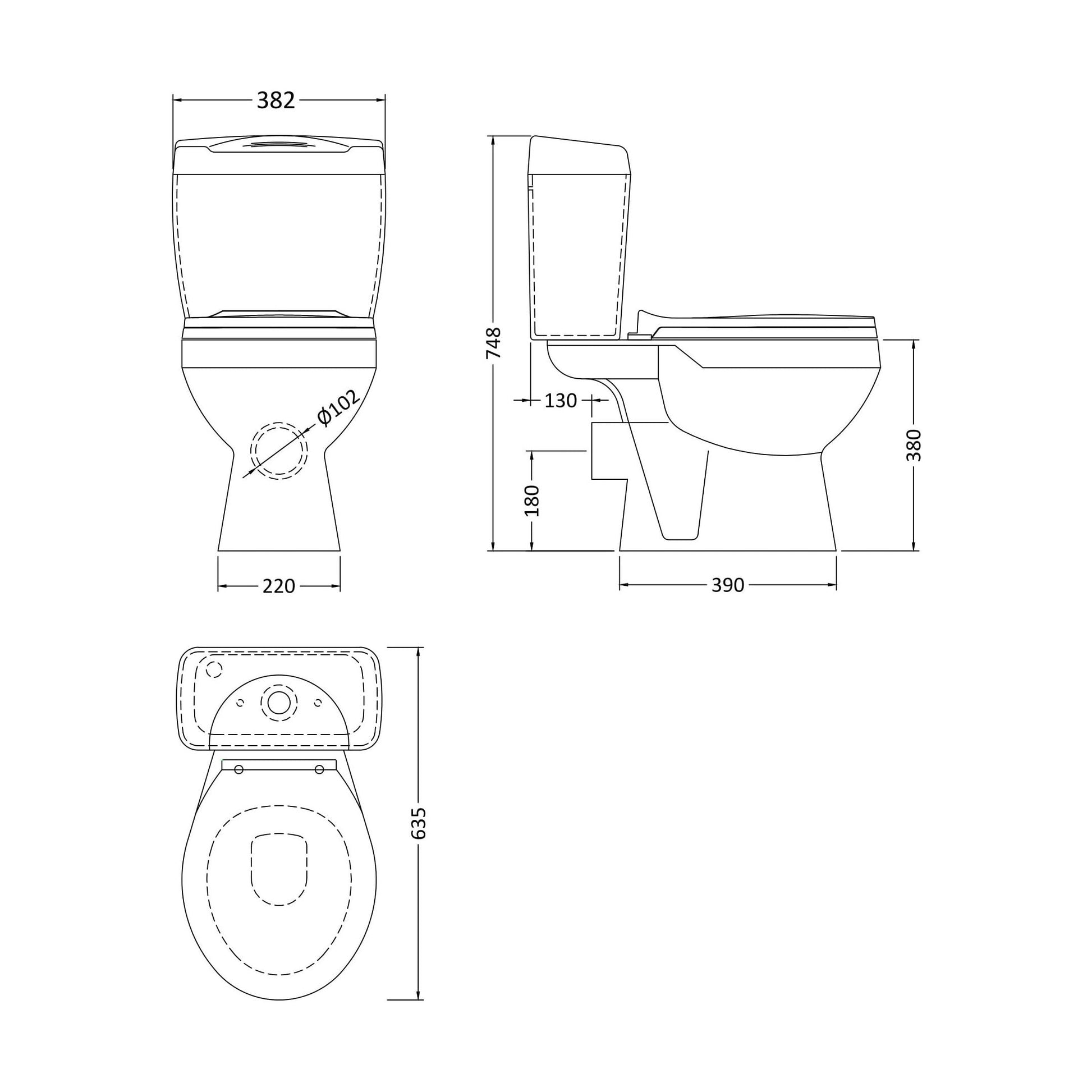 [BCAD001] Anslow Round Ceramic Bathroom Bundle - Toilet Pan with Cistern, Soft-Close Seat & 550mm Basin with Full Pedestal (1TH or 2TH) - Technical Drawing