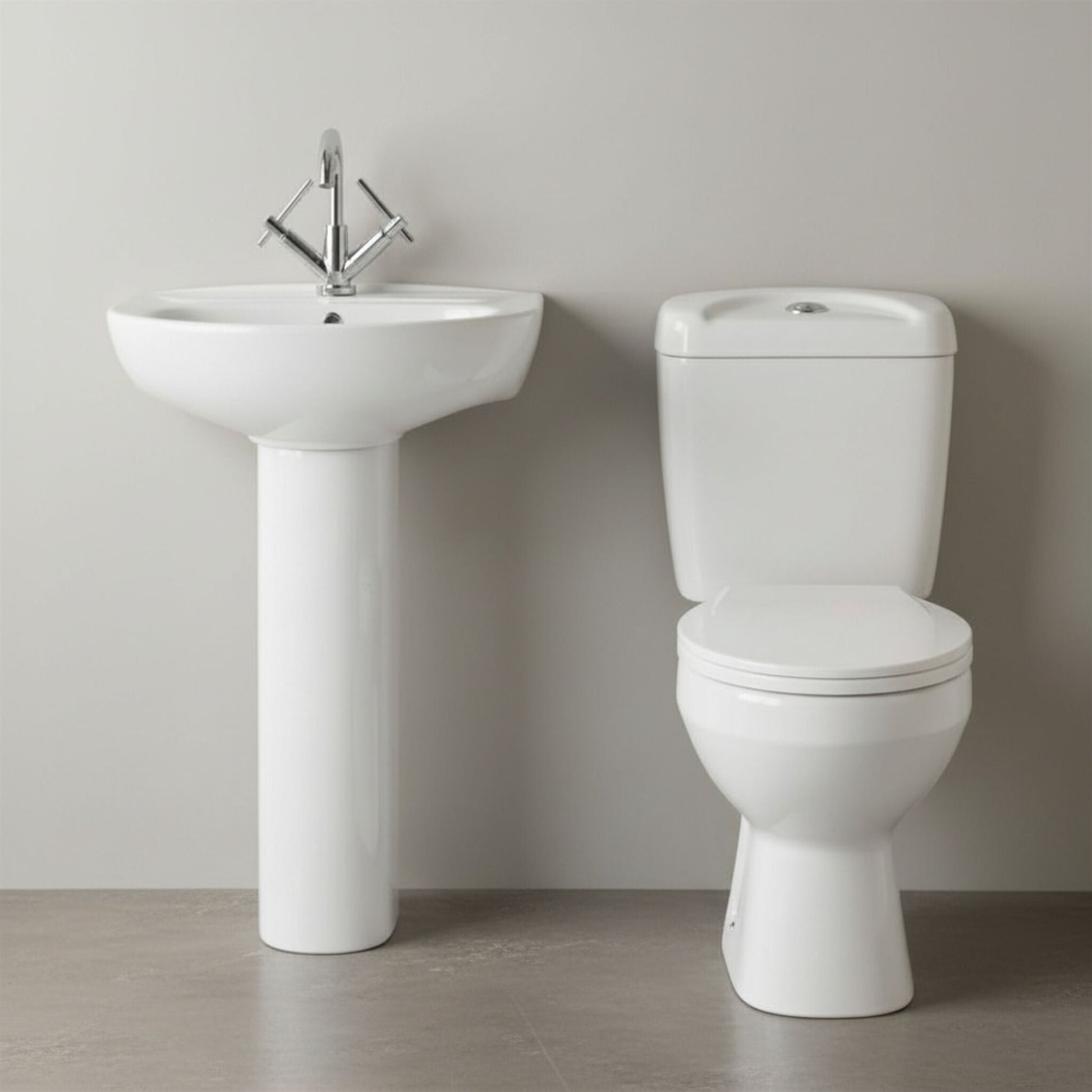 [BCAD001] Anslow Round Ceramic Bathroom Bundle - Toilet Pan with Cistern, Soft-Close Seat & 550mm Basin with Full Pedestal (1TH or 2TH) - Silo