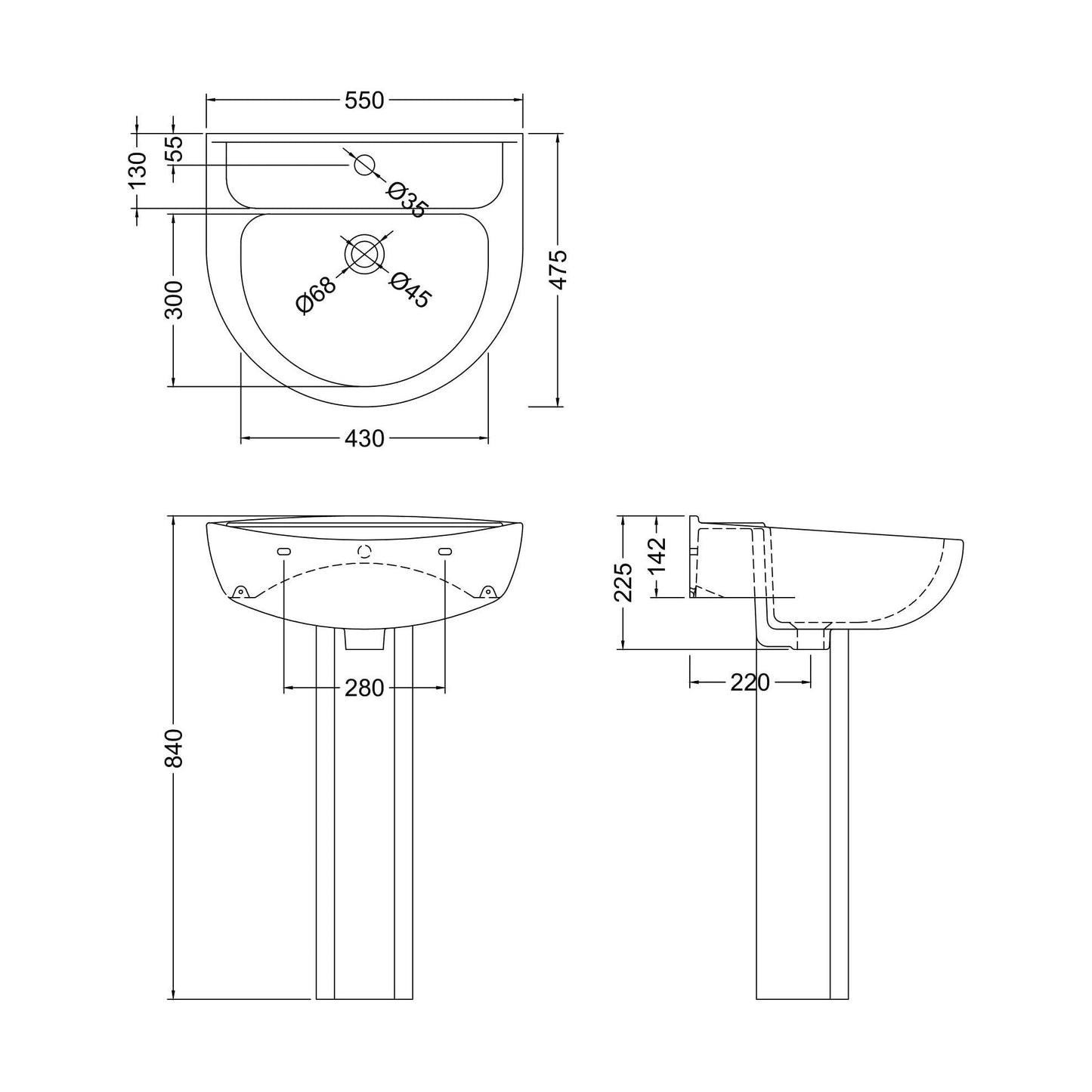 [BCAD002] Anslow Round Ceramic Bathroom Basin and Full Pedestal - 550mm - Technical Drawing