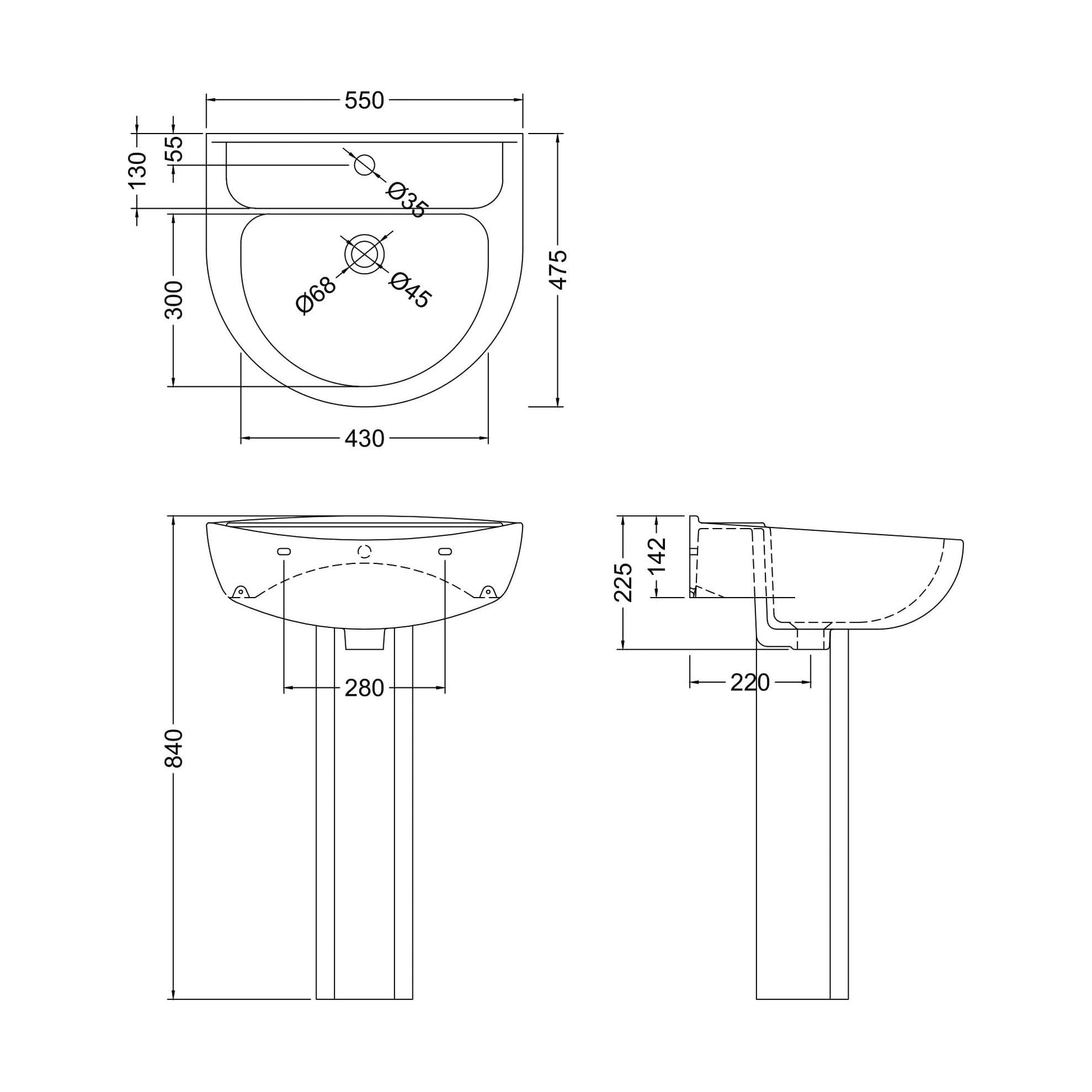 [BCAD002] Anslow Round Ceramic Bathroom Basin and Full Pedestal - 550mm - Technical Drawing