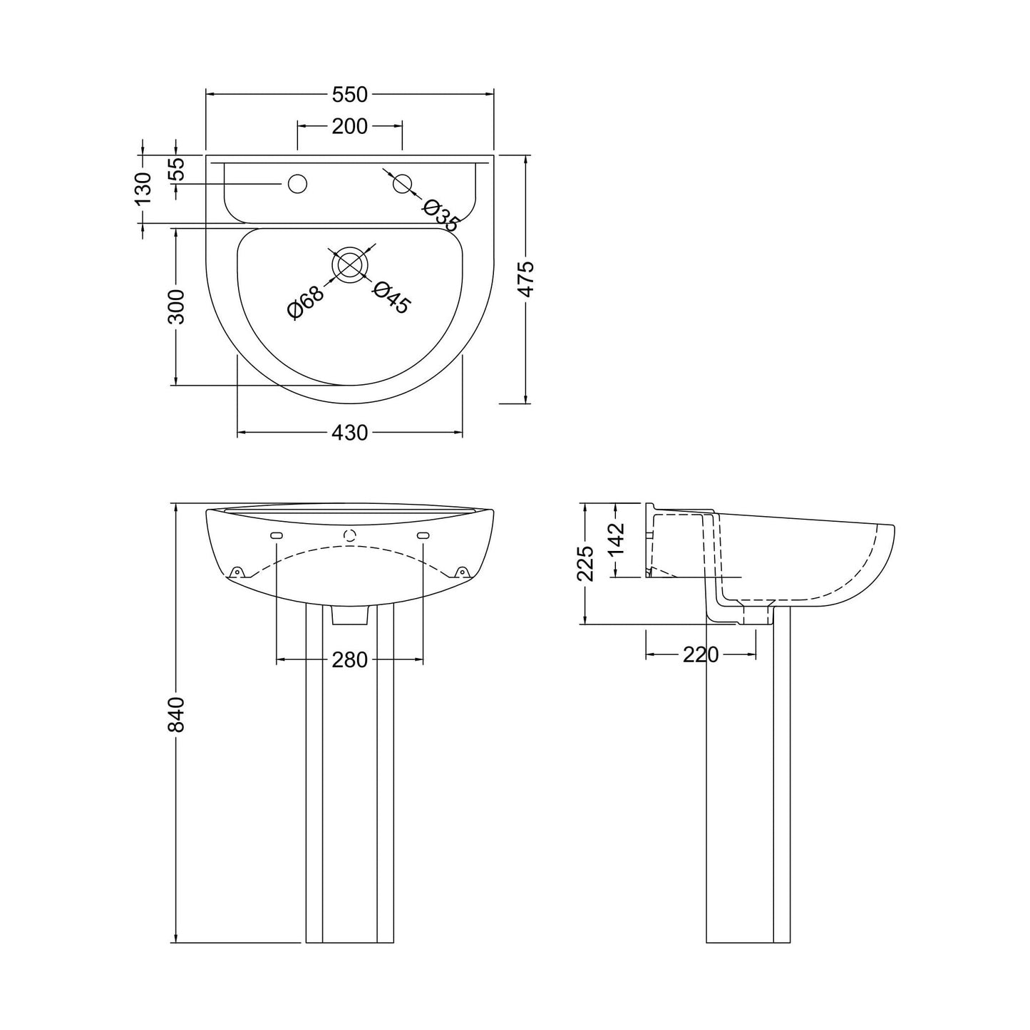 [BCAD003] Anslow Round Ceramic Bathroom Basin and Full Pedestal - 550mm - Technical Drawing