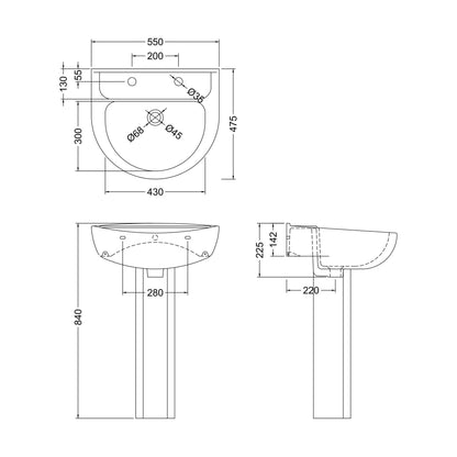 [BCAD003] Anslow Round Ceramic Bathroom Basin and Full Pedestal - 550mm - Technical Drawing