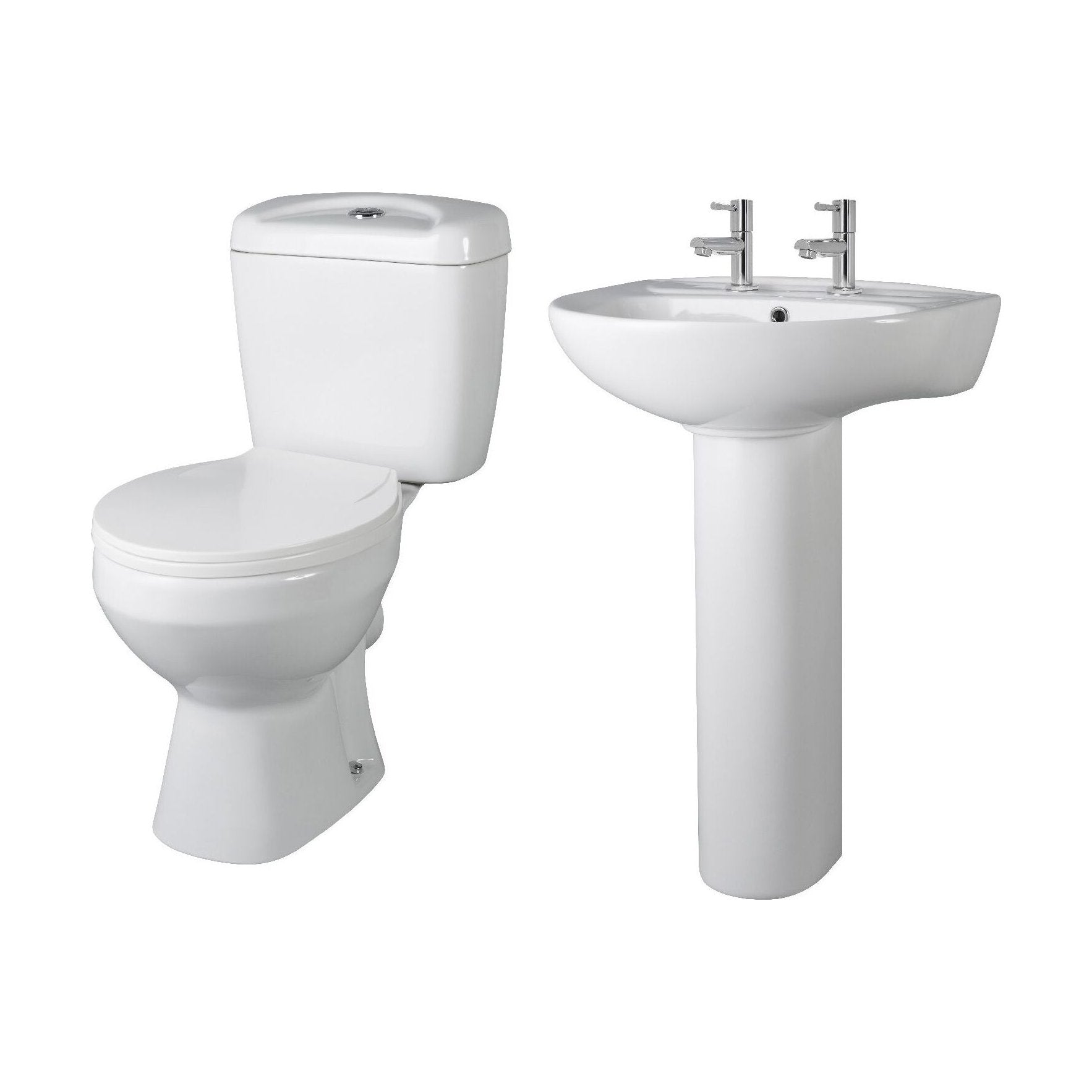 [BCAD004] Anslow Round Ceramic Bathroom Bundle - Toilet Pan with Cistern, Soft-Close Seat & 550mm Basin with Full Pedestal (1TH or 2TH) - Cutout
