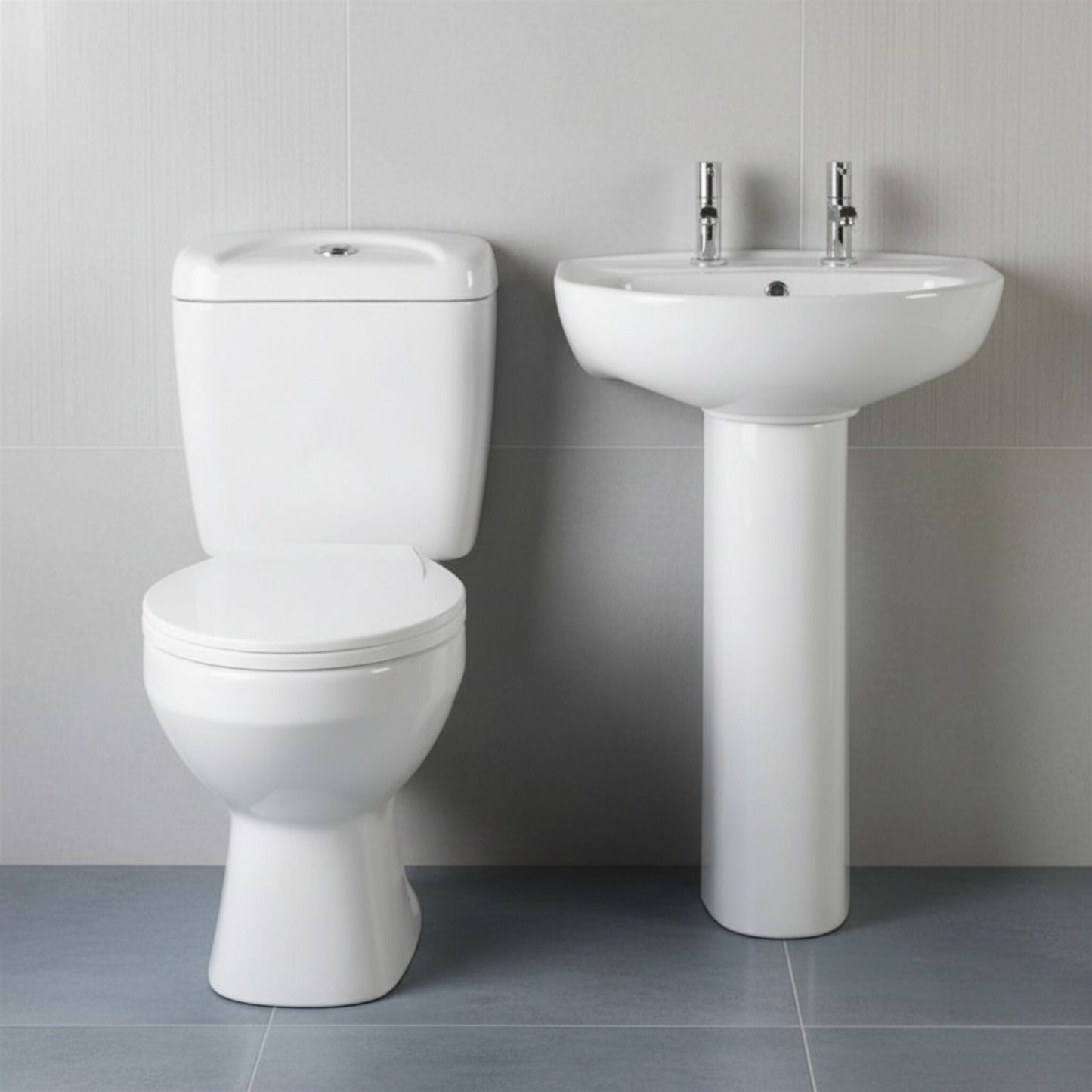 [BCAD004] Anslow Round Ceramic Bathroom Bundle - Toilet Pan with Cistern, Soft-Close Seat & 550mm Basin with Full Pedestal (1TH or 2TH) - Silo