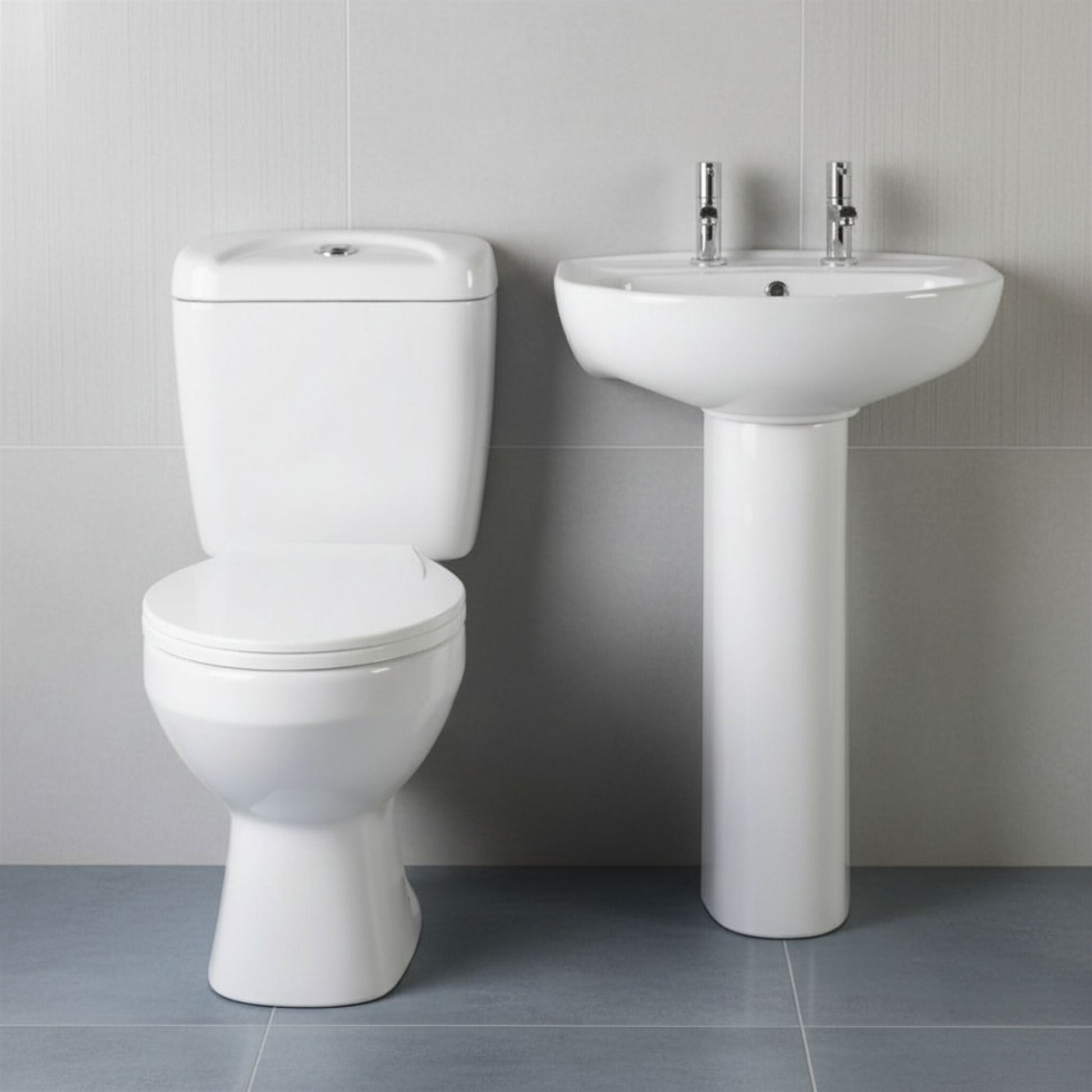 [BCAD004] Anslow Round Ceramic Bathroom Bundle - Toilet Pan with Cistern, Soft-Close Seat & 550mm Basin with Full Pedestal (1TH or 2TH) - Silo